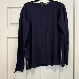 Claridge + King long sleeve navy blouse w/ gold decorative zippers on sides new